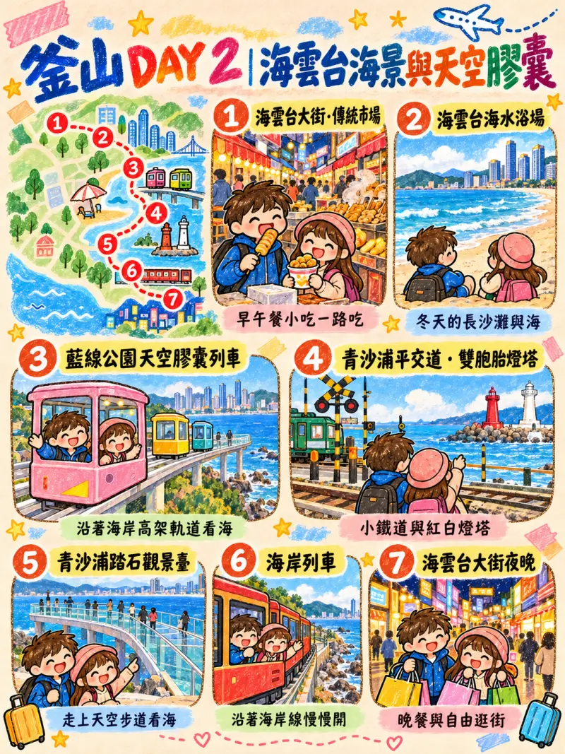 第 2 天手繪行程海報:海雲台海景與天空膠囊列車