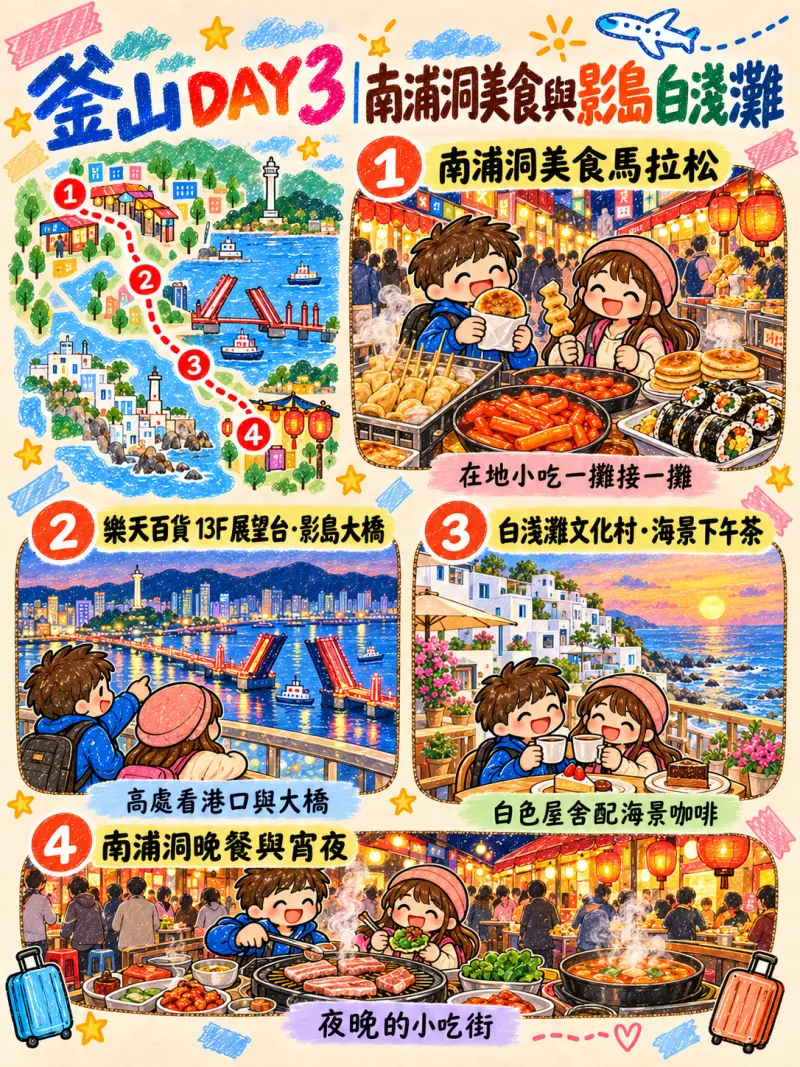 第 3 天手繪行程海報:南浦洞美食馬拉松與影島白淺灘