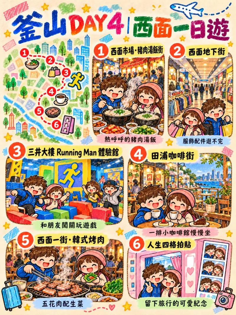 第 4 天手繪行程海報:西面一日:豬肉湯飯、K-Fashion 與 Running Man