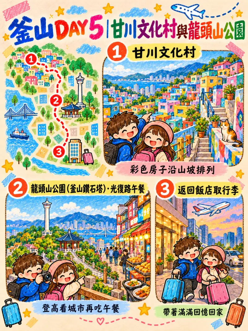第 5 天手繪行程海報:甘川文化村與龍頭山公園,滿載回台